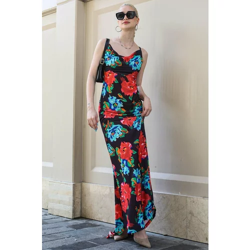 Madmext Multicolored Floral Pattern Long Dress with a Plunging Collar