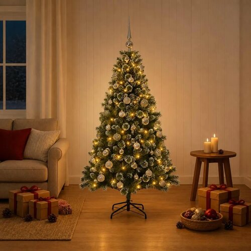  Umjetno božićno drvce s kuglicama 120 cm 150 LED lampica - 120 cm s LED-ima i srebrnim lopticama Cene