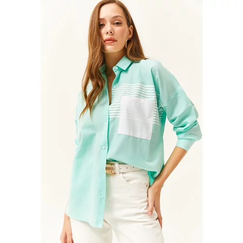 Olalook Women's Aqua Green Pocket Detailed Oversize Woven Shirt