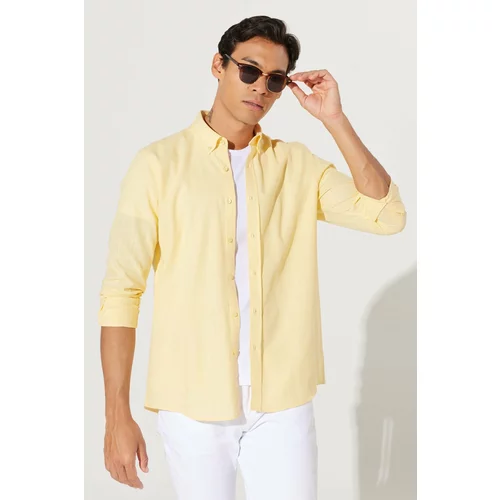 AC&Co / Altınyıldız Classics Men's Yellow Tailored Slim Fit Slim-fit Oxford Buttoned Collar Linen-Looking 100% Cotton Flared Shirt.
