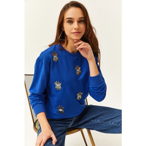 Olalook Women's Saxe Blue Eye Embroidered Seasonal Sweatshirt Slike