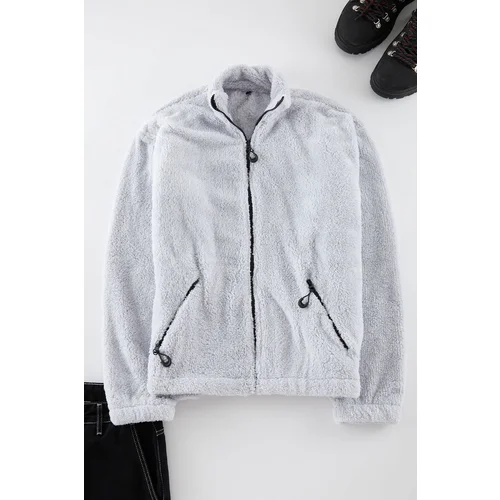 Trendyol Gray Oversize/Wide Cut Plush Sweatshirt with Zipper Pocket