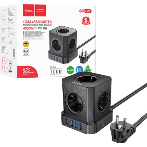 hoco. Produžni kabl, 5 utičnica, 3x USB, 1x USB C, PD20W, 2m, Crni Cijene
