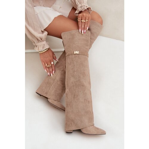 Boto Insulated boots with rolled-up shaft over the knee heel block beige Serelle Cene