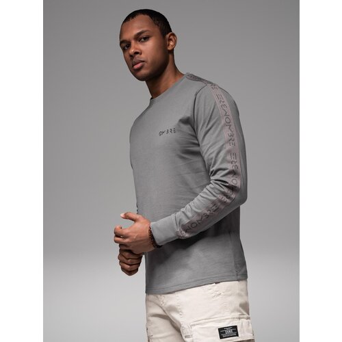 Ombre Men's cotton U-neck longsleeve with piping and chest print - grey Cijene