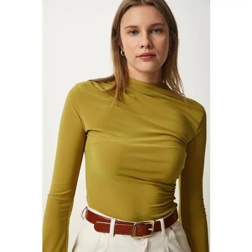 Happiness İstanbul Women's Oil Green Gather Detailed High Collar Sandy Blouse
