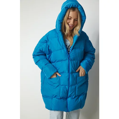 Happiness İstanbul Women's Sky Blue Hooded Oversize Puffer Coat