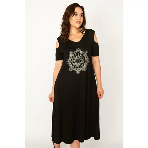 Şans Women's Plus Size Black Shoulder Open Back Detailed Stone Embroidered Viscose Dress