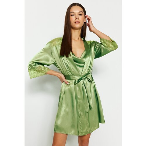 Trendyol Green Lace Detailed Belted Satin Woven Dressing Gown Slike