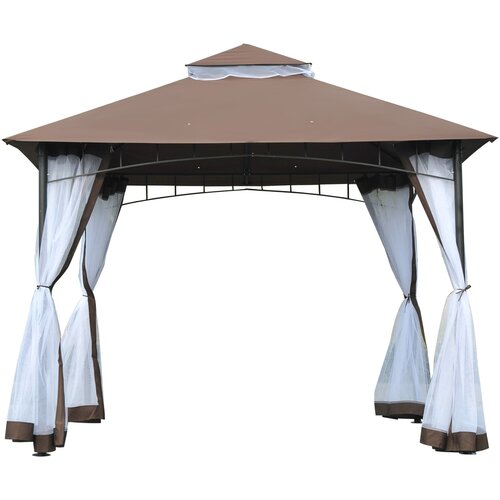 Outsunny Vrtni gazebo 3x3m z mrežo proti komarjem, 2-stopenjska streha iz poliestra, kovinski okvir rjave barve, (20744512) Slike