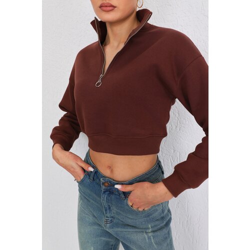 BİKELİFE Women's Brown Zippered Thick Inside Fleece Knitted Sweatshirt Crop Cene