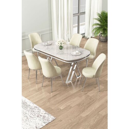 Hanah home Lai - White, Chrome, Cream WhiteChromeCream Dining Table & Chairs Set (7 Pieces) Cene