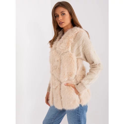 Fashion Hunters Beige women's fur vest with pockets