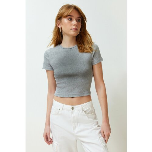 Trendyol Gray Slim Gradient Printed Crop Short Sleeve Washed Knitted T-Shirt Cene