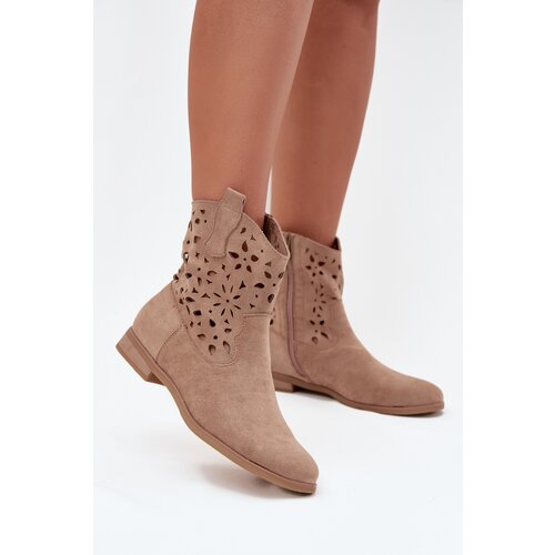 Boto Women's Boots With Perforated Pattern On Flat Heel Eco Suede Beige Athera Cene