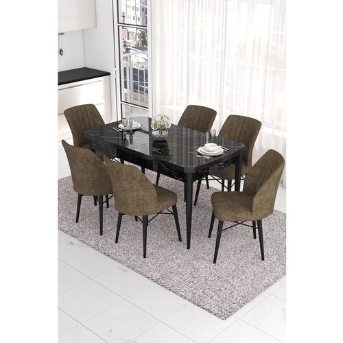Hanah home Eva - Black Marble, Brown Black MarbleBrown Extendable Dining Table & Chairs Set (7 Pieces) Cene