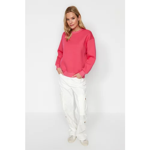 Trendyol Pink Slogan Printed Regular Crew Neck Knitted Sweatshirt