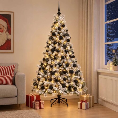  Umjetno božićno drvce s kuglicama 180 cm 300 LED lampica - Zelena i bijela 180 cm s LED-ima i crnim lopticama Slike