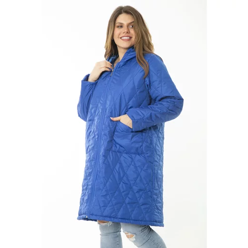 Şans Women's Plus Size Saxe Blue Front Zippered Hooded Quilted Lined Long Coat