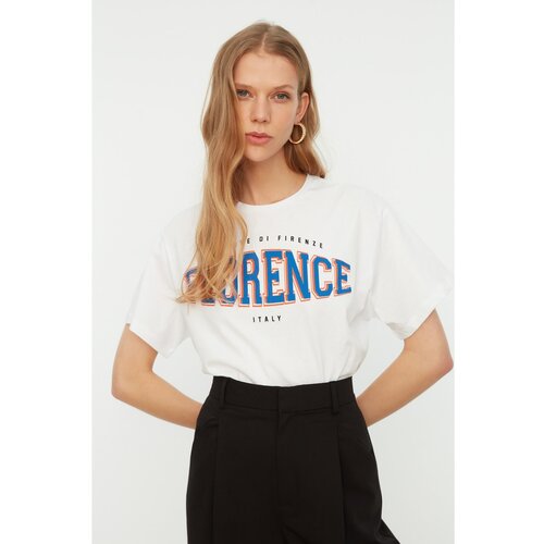 Trendyol White Printed Boyfriend Knitted T-Shirt Slike