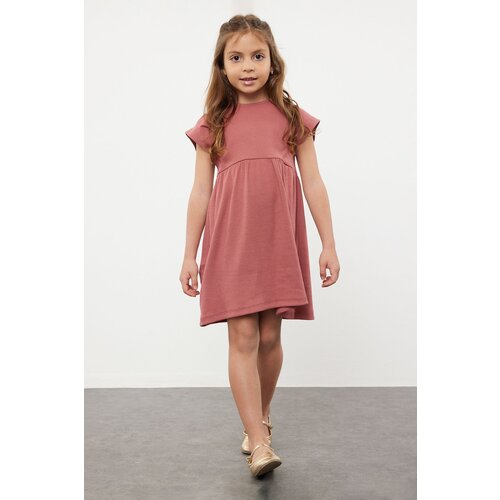 Trendyol Girl's Dusty Rose Ruffle Short Sleeve Knitted Dress Slike