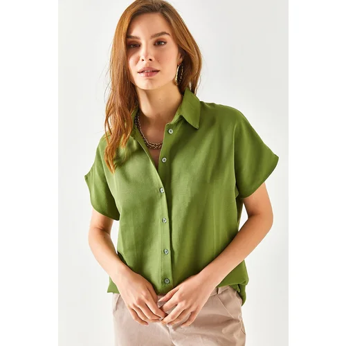 Olalook Women's Khaki Bat Oversized Linen Shirt