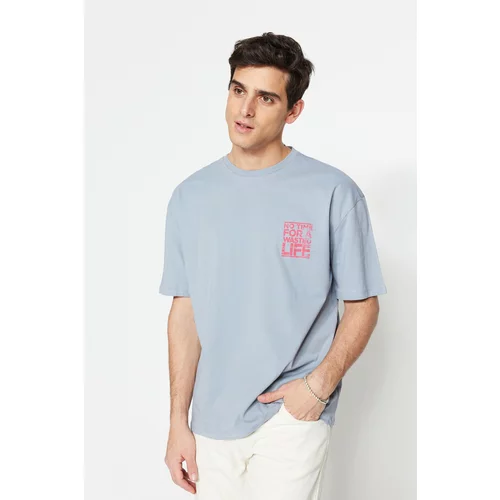 Trendyol Gray Men's Relaxed/Comfortable cut, Crew Neck Text Printed 100% Cotton T-Shirt.