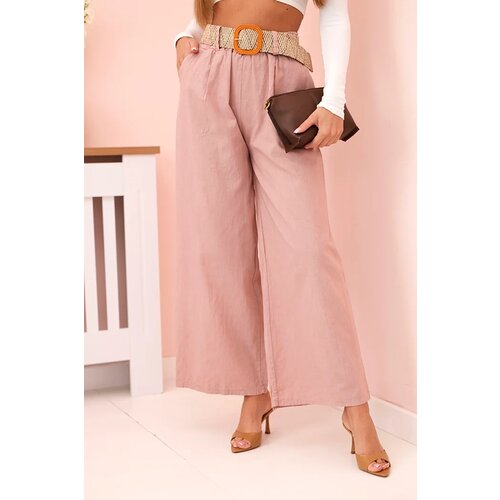 Kesi Włoski Women's linen trousers with wide legs and a belt dark pink Cijene