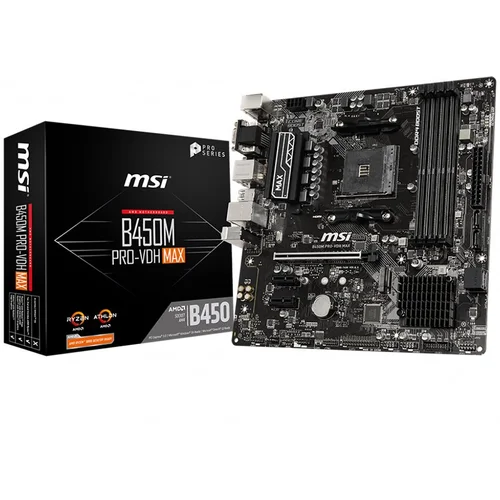 MSI Main Board Desktop B450M PRO-VDH MAX (SAM4, 4xDDR4, 1xPCI-E X16, 2xPCI-E X1, USB3.2, USB2.0, 4xSATA III, 1xM.2, Realtek ALC892 Audio, VGA, DVI-D, HDMI, GLAN) mATX Retail