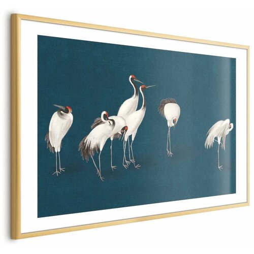  Plakat - Evening at the Pond - group of cranes drawn in dry pastel on a dark turquoise background 60x40 Zlatni okvir s margom Cijene