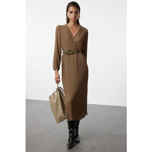 Trendyol Khaki Belted A-Line Pleated Maxi Lined Chiffon Woven Dress