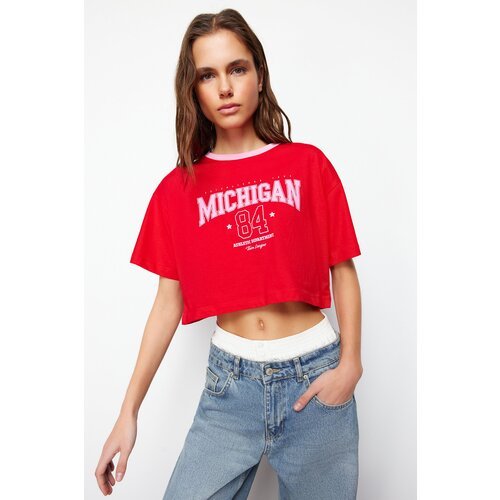 Trendyol Red 100% Cotton Motto Printed Casual Fit Crop Crew Neck Knitted T-Shirt Cene