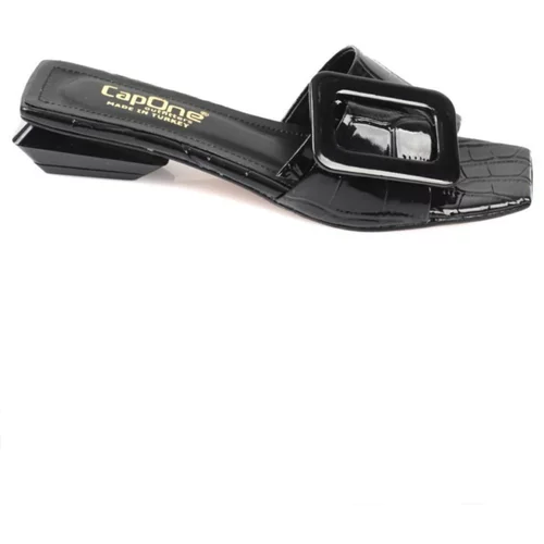 Capone Outfitters Capone Buckle Short Heeled Black Women's Slippers