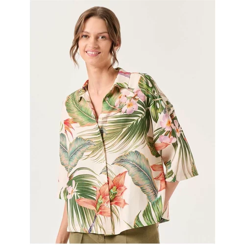 Jimmy Key Ecru Short Sleeve Tropical Patterned Linen Shirt