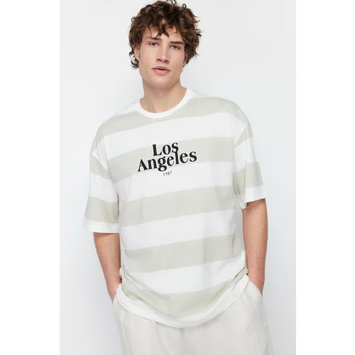 Trendyol Stone Men's Oversize Striped City Printed 100% Cotton T-Shirt