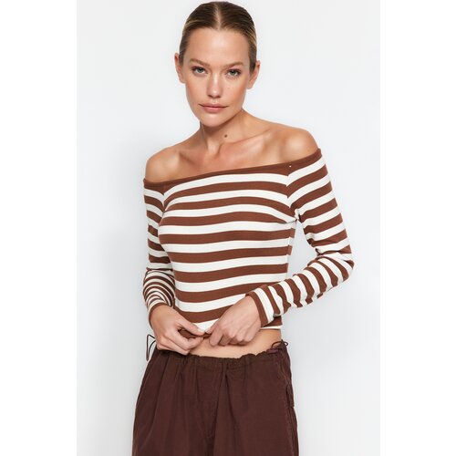 Trendyol Brown Striped Carmen Collar Fitted/Slip-On Knitted Blouse Cene