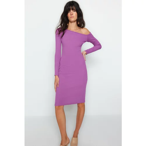 Trendyol Purple Ribbed Off-the-Shoulder Fitted/Sleek Midi, Flexible Knit Dress