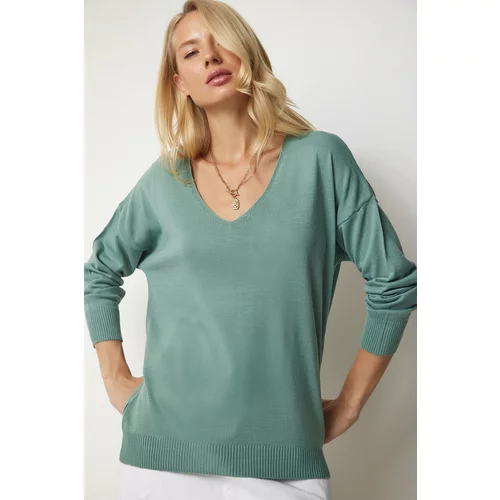 Happiness İstanbul Women's Turquoise V-Neck Slim Knitwear Sweater