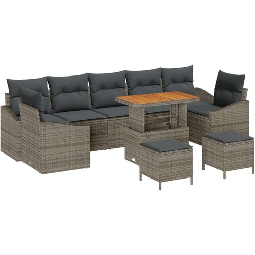  10 Dijelni Vrtni Sofa Set s Jastučićima Sivi Poli Ratan Akacija  2-Sjedalni Vrtni Sofa s Skladištem i Jastučićima Sivi Poli Rata Cijene