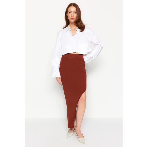 Dilvin 80108 Left Side Slit Knitwear Skirt-brown Slike