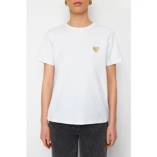 Trendyol White 100% Cotton Leaf/Glossy Heart Embroidery Regular/Normal Fit Knitted T-Shirt