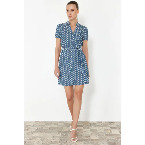 Trendyol Blue Belted Three Quarter Sleeve Mini Shirt Midi Woven Dress