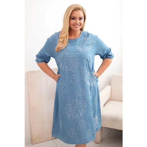 Kesi Włoski Plus Size women's dress with leaf embroidery light denim Cene