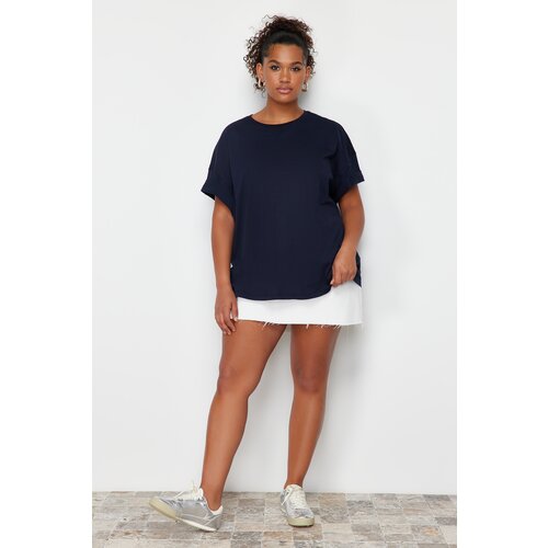 Trendyol Curve Navy 100% Cotton Back Embroidery Relaxed/Wide Relaxed Fit Crew Neck Knitted T-Shirt Slike