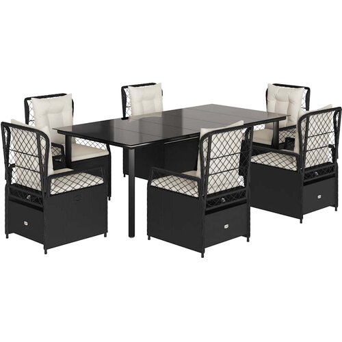  7-dijelni vrtni blagovaonski set s jastucima crni od poliratana Crna 200 x 100 x 74 cm Slike