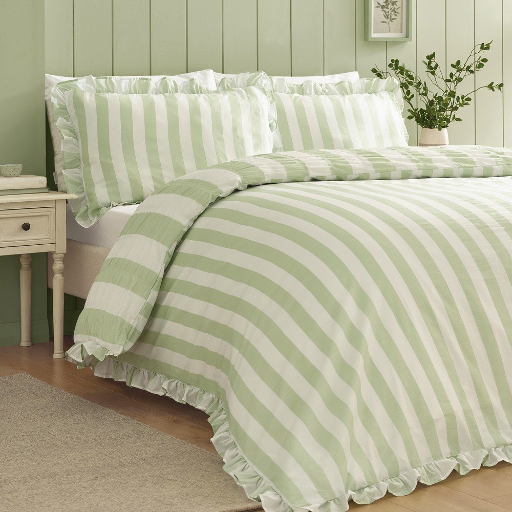Catherine Lansfield Zelena 3-delna posteljnina za zakonsko posteljo 200x200 cm Seersucker Frill Stripe &amp;ndash; Slike