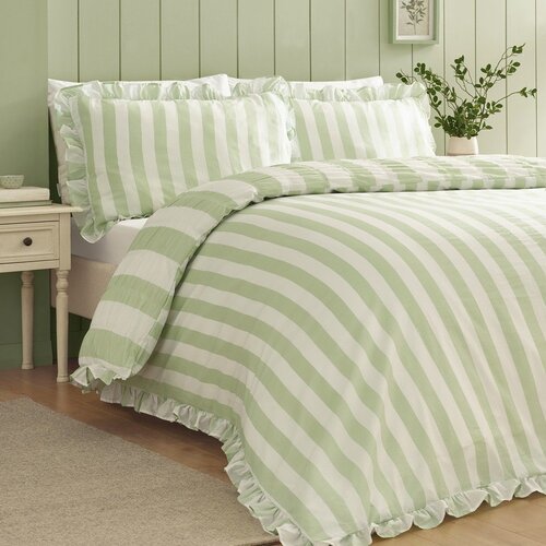 Catherine Lansfield Zelena 3-dijelna posteljina za bračni krevet 200x200 cm Seersucker Frill Stripe &amp;ndash; Slike