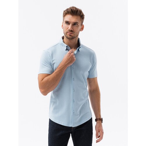 Ombre Men's knitted slim fit shirt with short sleeves and collar - blue Slike