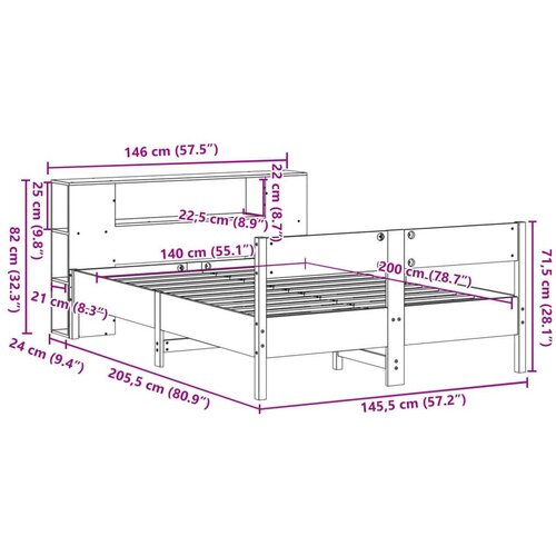 VidaXL Krevet s regalom za knjige bez madraca 140x200 cm od borovine Slike