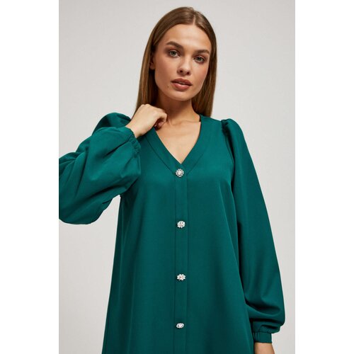 Marisse Emerald Dress With Puffed Sleeves And Decorative Buttons Cijene